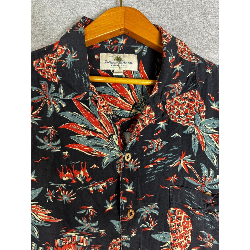 100% Silk Pineapple Hawaiian Shirt Mens L Navy Blue Island Shores Tropical